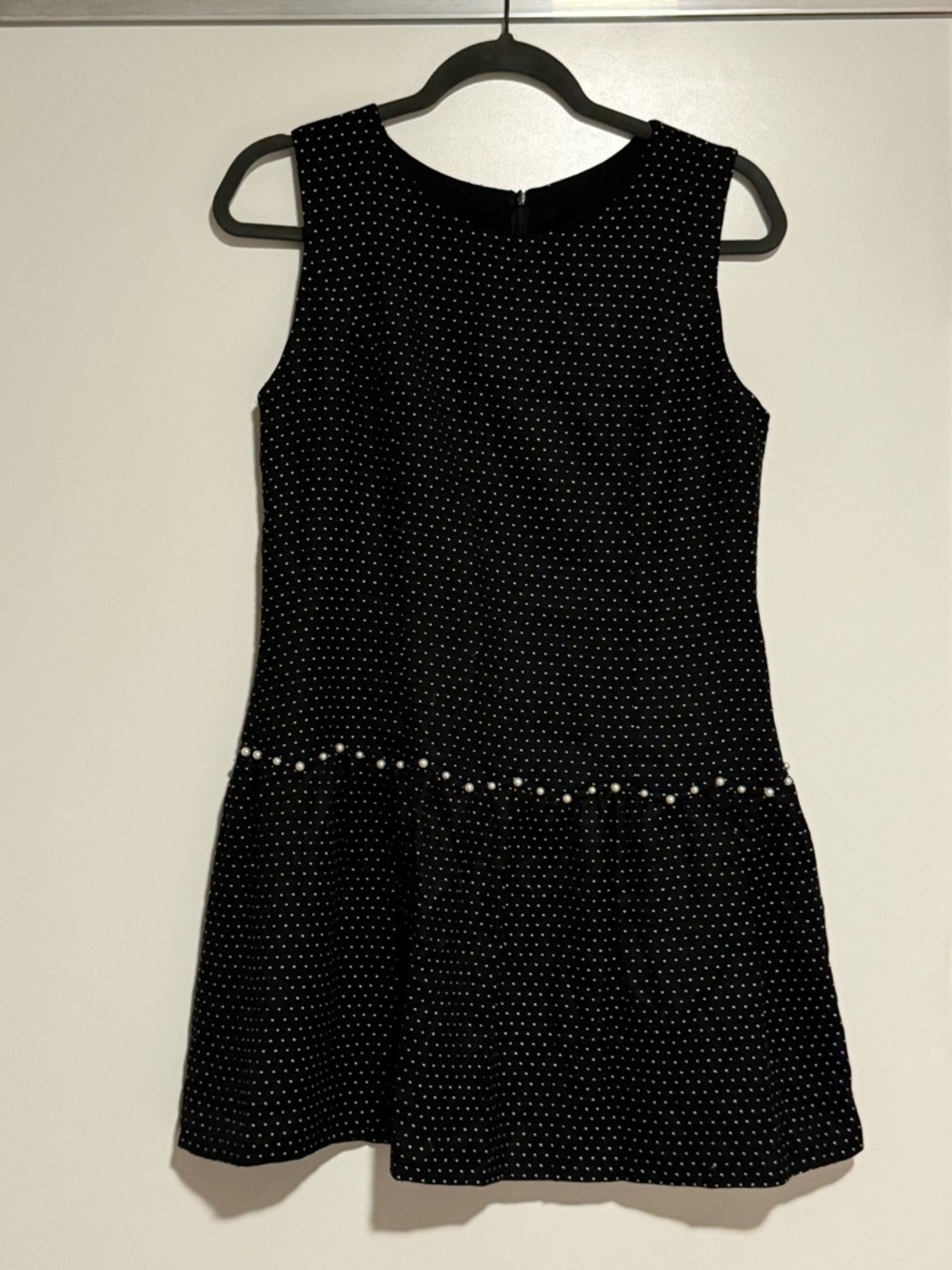 Dropwaist Black Polka Dot Pearl Trim Dress